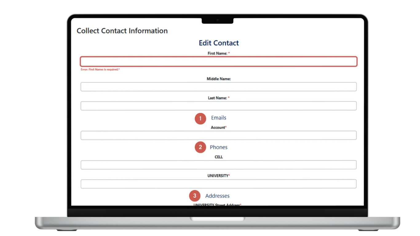 Contact  information Form with several fields to edit: First name, Last name, Emails, Phone and Addresses